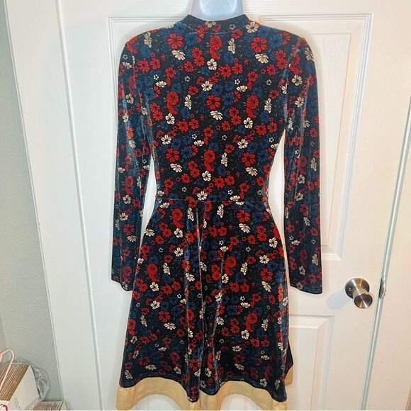 Topshop Mockneck Navy Floral Velvet Dress Long Sleeves A-Line Fit and Flare 4 - Picture 7 of 10